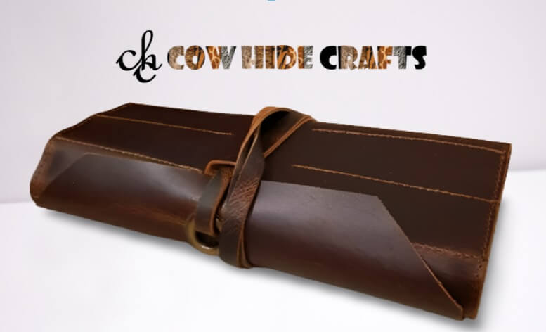 Brown leather knife kit roll compact folded rope closure