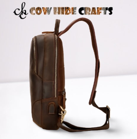 Brown leather crossbody chest bag side view