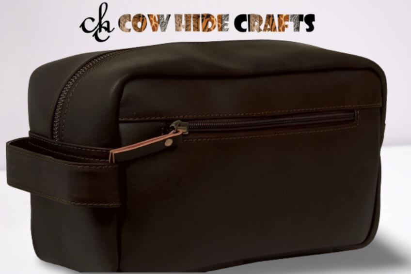 Brown leather dopp kit main zipper compartment