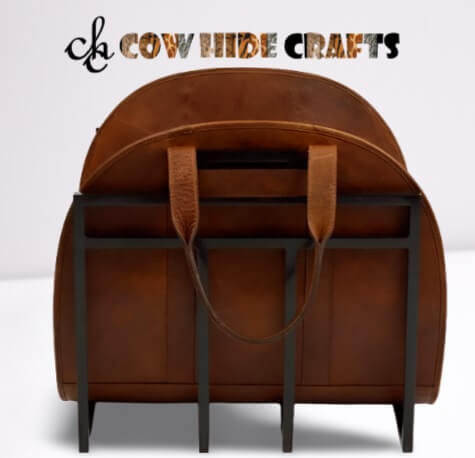 Brown leather fire log carrier dual handles front view