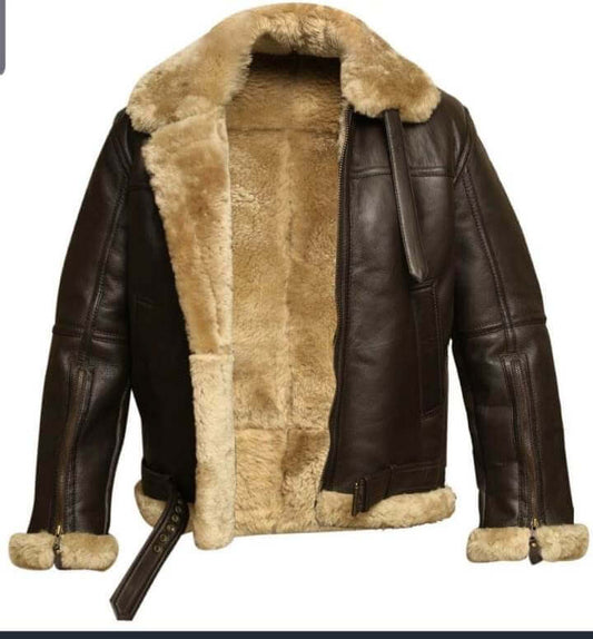 Brown leather flight jacket faux fur lining
