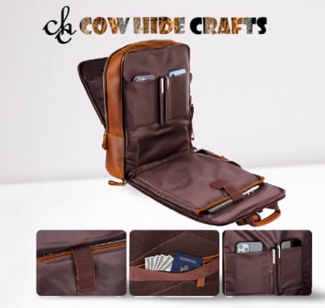 Brown leather formal bag laptop sleeve inside