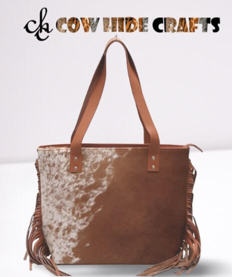 Brown leather fringe bag tan white cowhide hair on