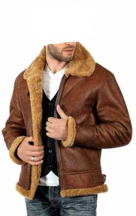 Brown leather jacket waist fur trim