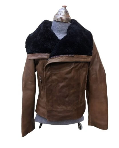 Women's brown leather jacket with wide shearling collar front
