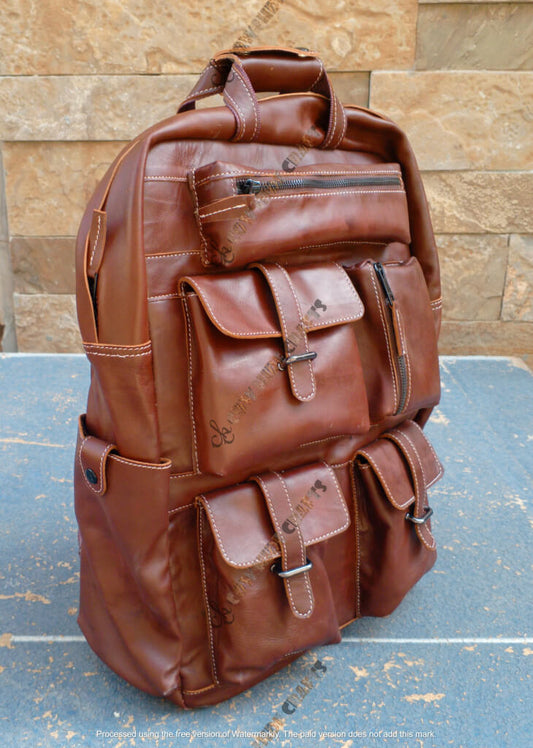 Brown leather laptop backpack office carry