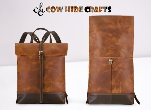 Brown leather laptop rucksack with buckle
