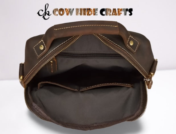 Handmade leather office travel bag with strap