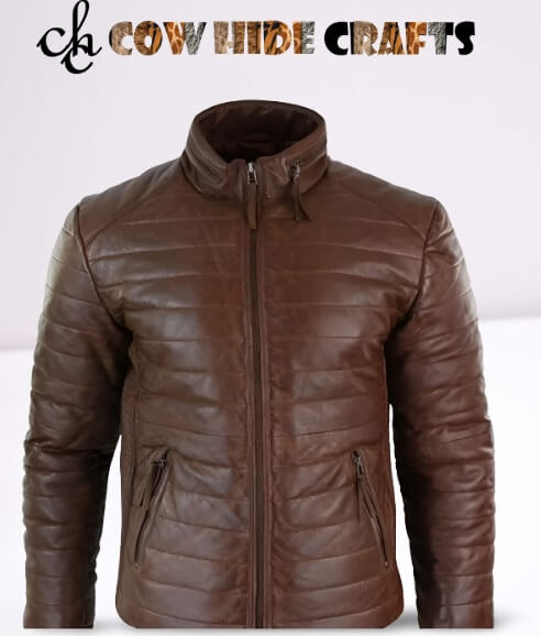 Men's brown leather puffer jacket round neck