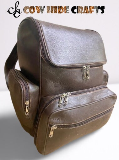 Brown leather travel bag four outside pockets