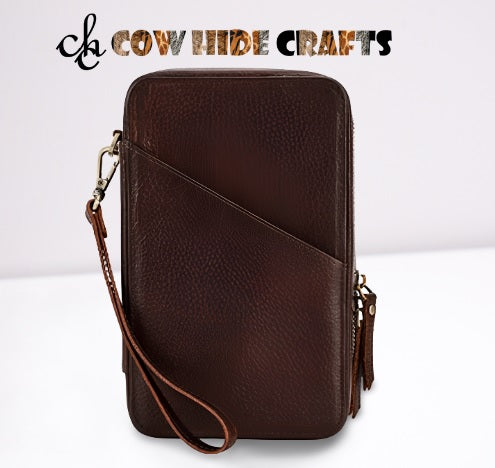 Brown leather travel organizer zipper closure