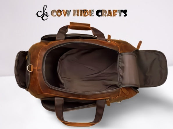 Brown leather weekender with hidden straps