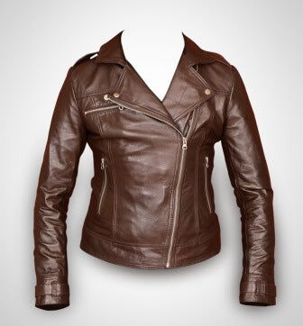 Women's brown perfecto sheepskin leather jacket front