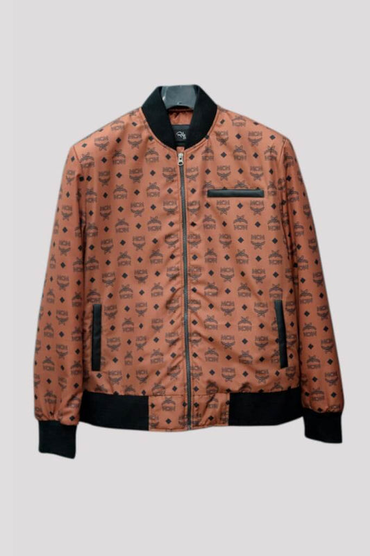 Brown printed branded jacket in premium tan leather
