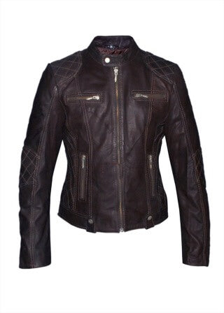 Women's brown quilted sheepskin leather bomber jacket front