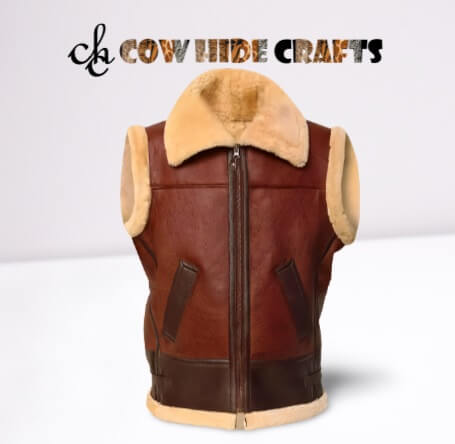 Brown sheepskin fur neck vest sleeveless