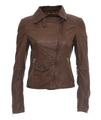 Women's brown short waist leather jacket asymmetric zipper closure