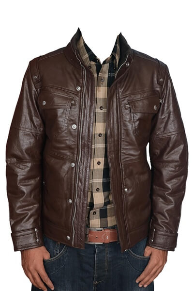 Unisex classic brown sheepskin leather jacket front view