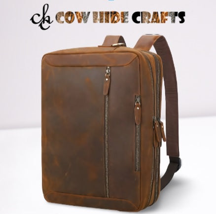 Brown waxed leather briefcase convertible bag