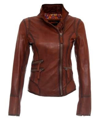 Women's brown waxed leather jacket stand collar front
