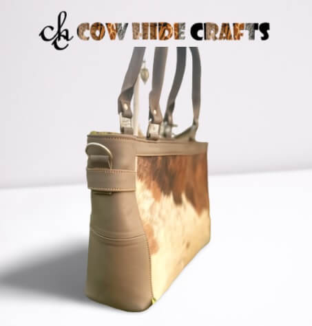 Brown white cowhide bag gray leather sides