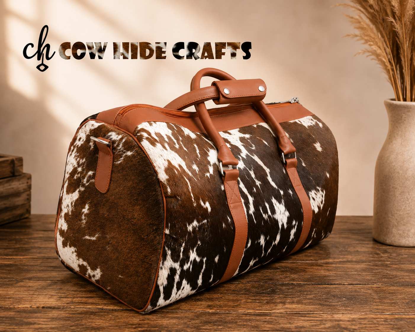 Brown white cowhide barrel bag rolled handles detail