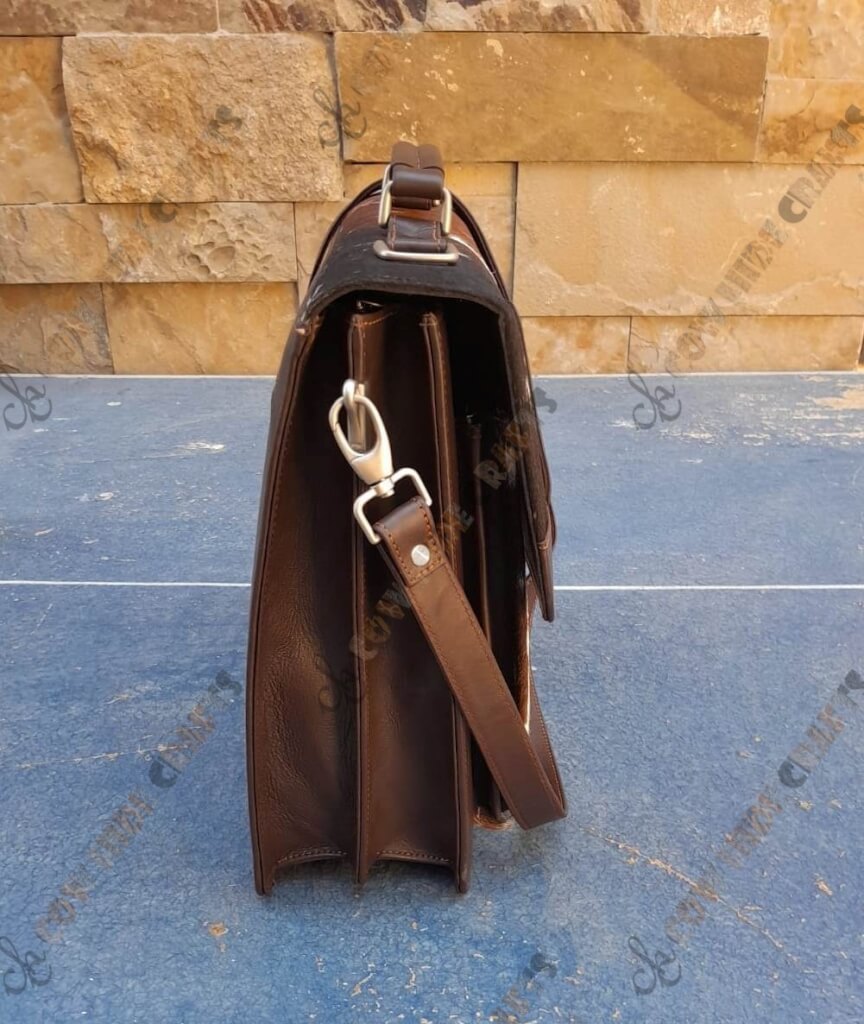 Brown white cowhide briefcase side view