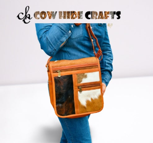 Brown white cowhide crossbody bag unisex messenger