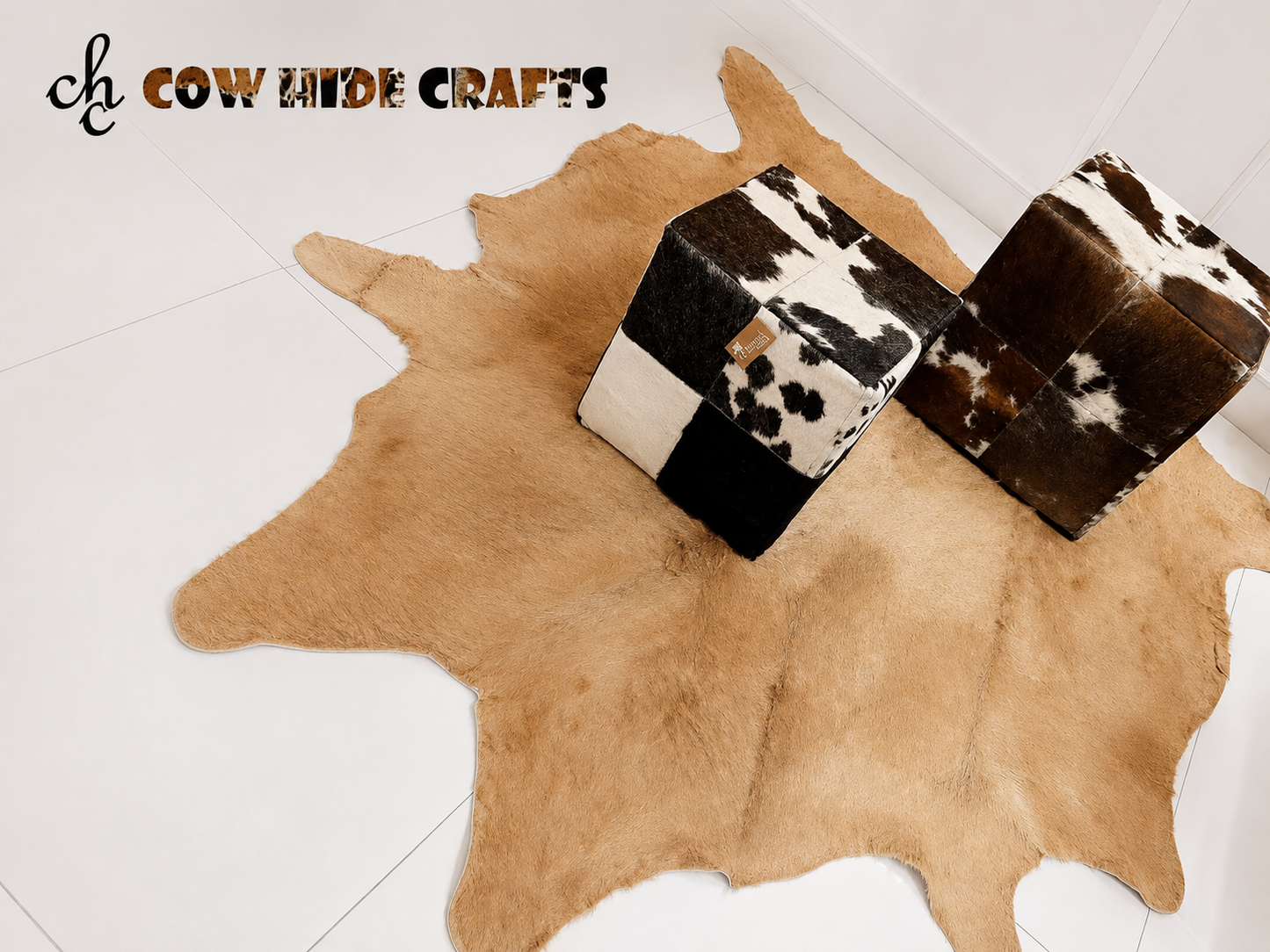 Brown white cowhide cube ottoman living room setting