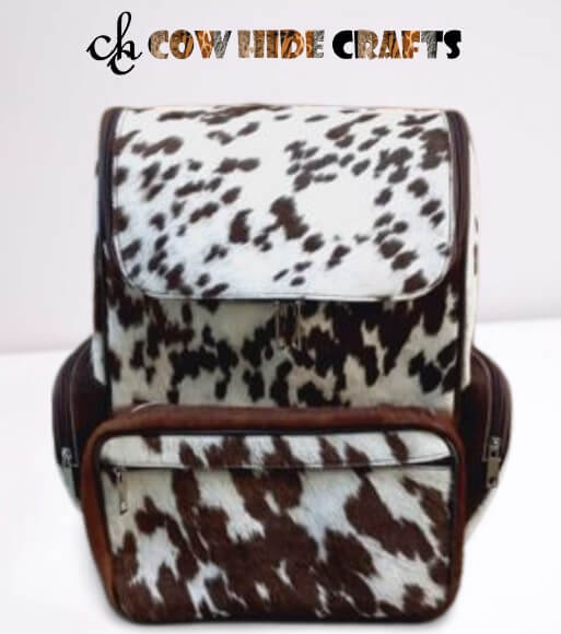 Brown white cowhide diaper bag front view