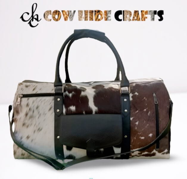 Brown white cowhide duffle bag