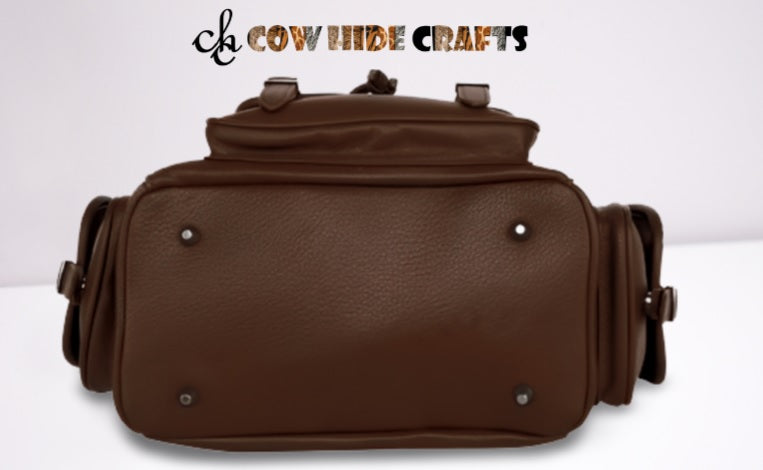 Western style cowhide hiking backpack with flap closure
