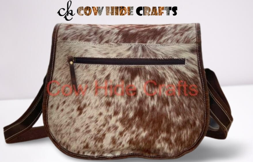 Brown white cowhide messenger bag backside zipper
