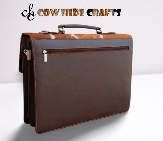 Brown white cowhide satchel work bag back view