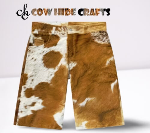Brown and white cowhide hair-on shorts view