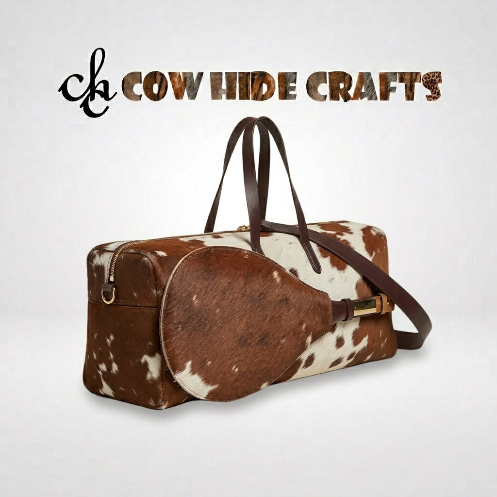 Brown & white cowhide sports duffle bag