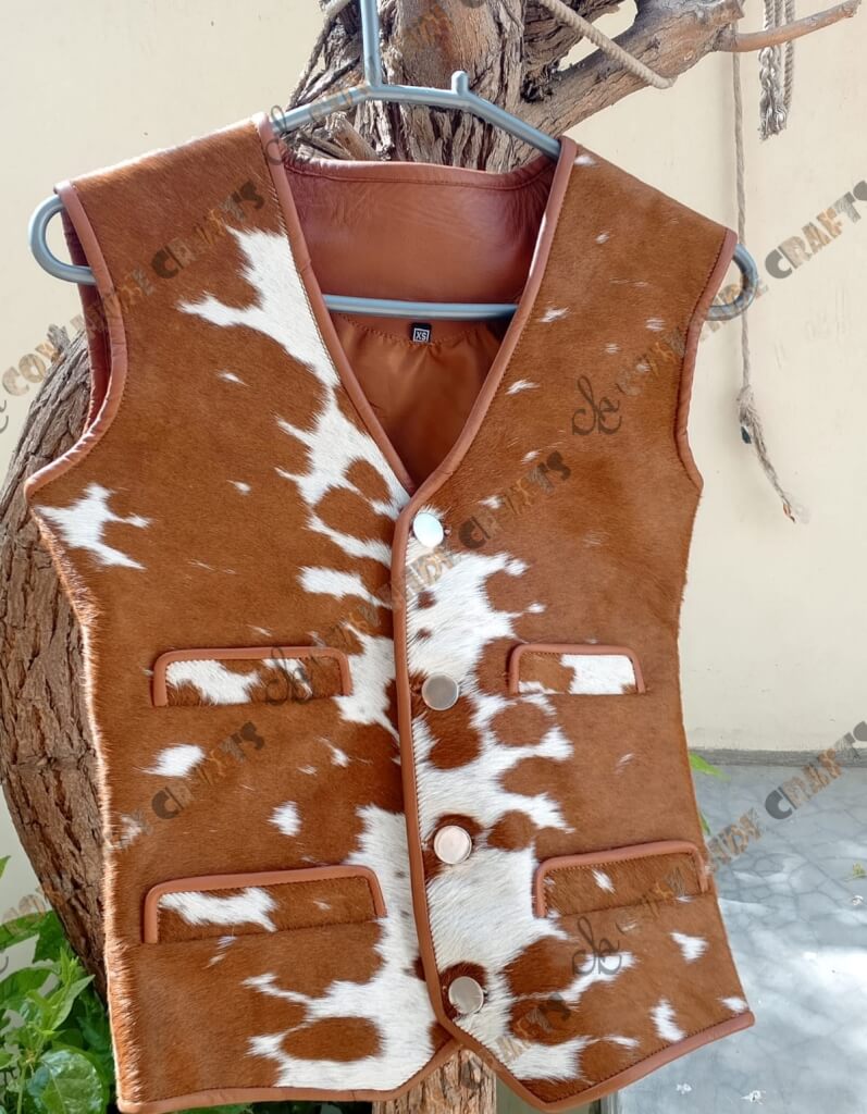 brown white cowhide vest front view