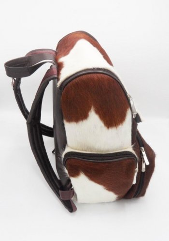 Brown white durable cowhide bag side view
