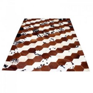 Brown white patchwork cowhide rug wave design