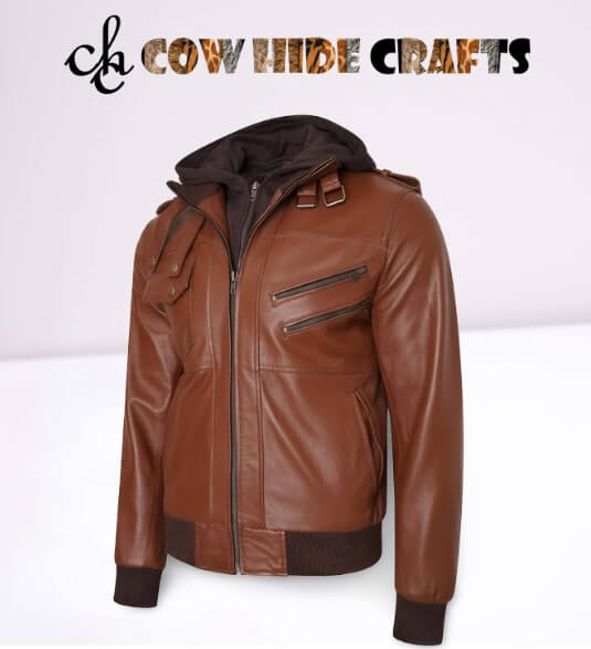 Men's brown wing leather jacket hood belted collar