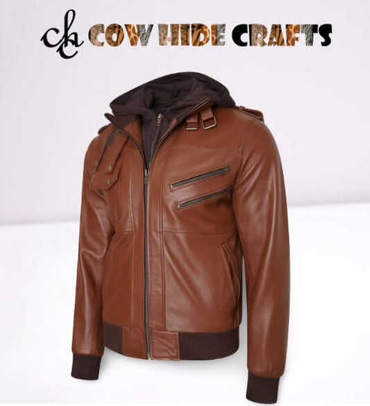 Men's brown wing leather jacket hood belted collar