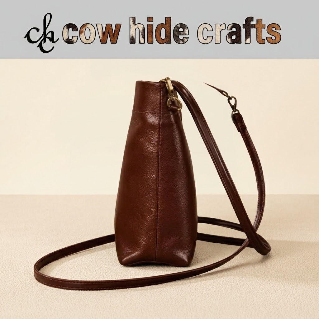 Crossbody strap lobster clasp detail on leather bucket bag