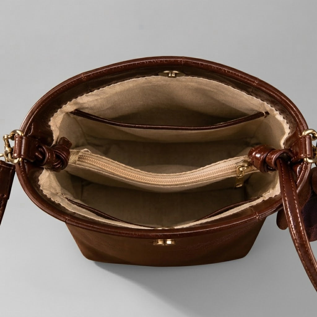Magnetic snap button closure detail on leather bucket bag