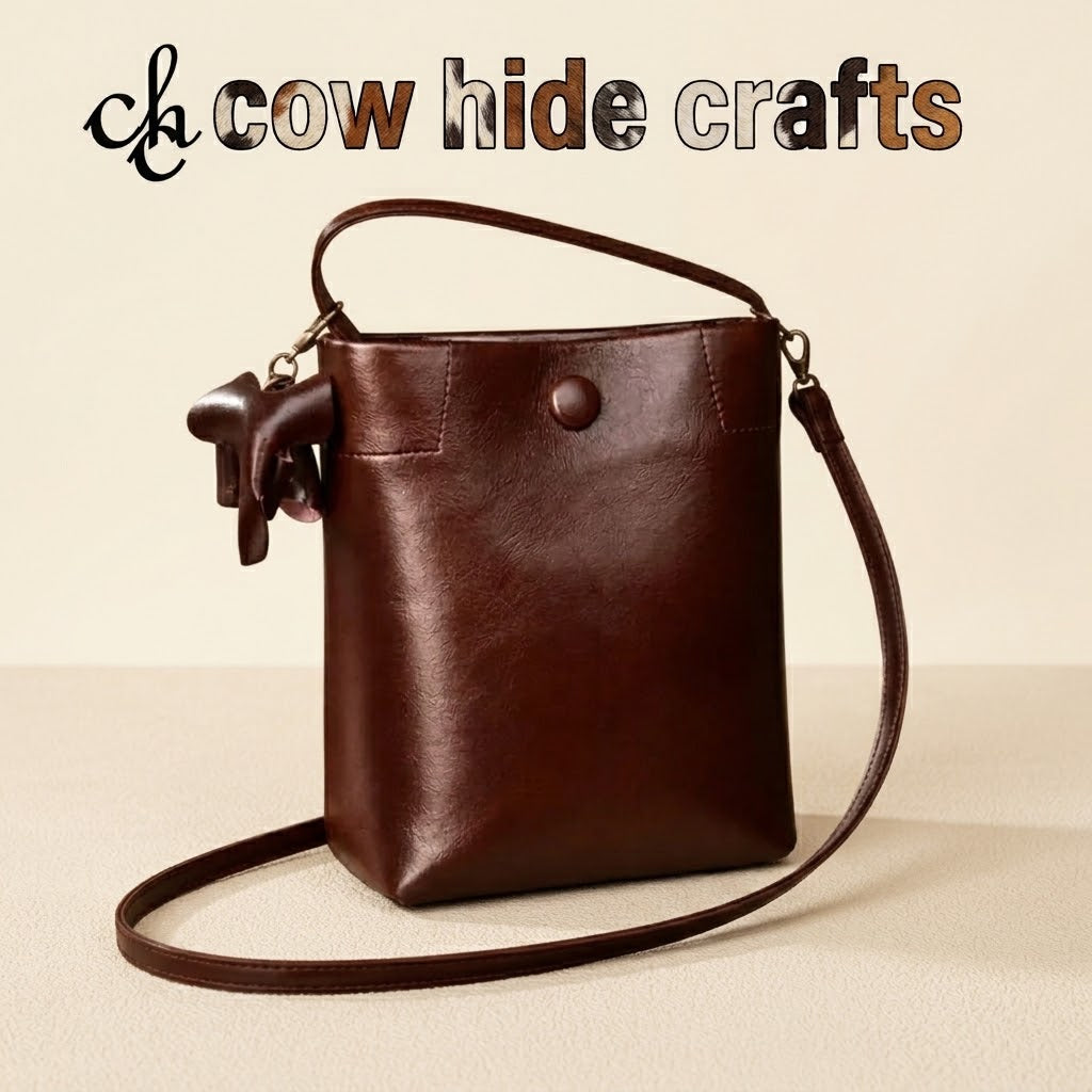 Leather bucket crossbody bag in mahogany brown