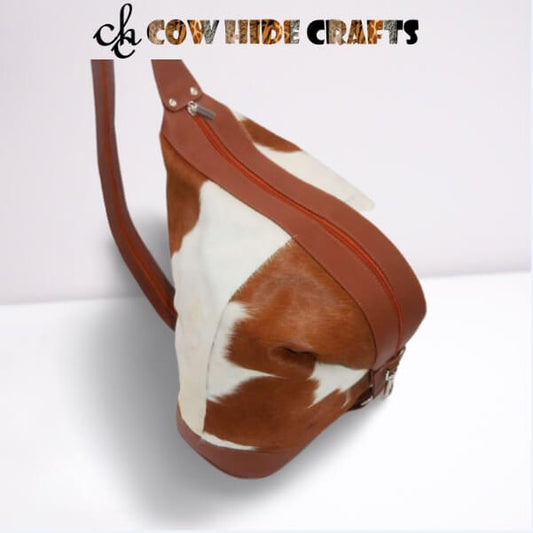 Bucket style cowhide backpack tan white