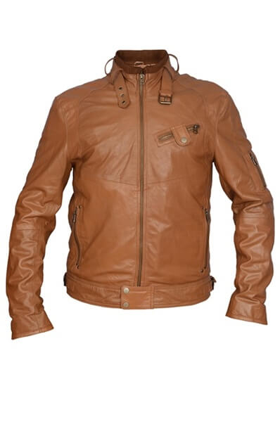 Buckle strap collar detail on men's tan sheepskin jacket