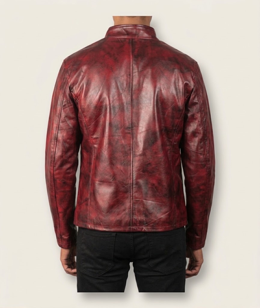 Back view of burgundy distressed leather café racer jacket