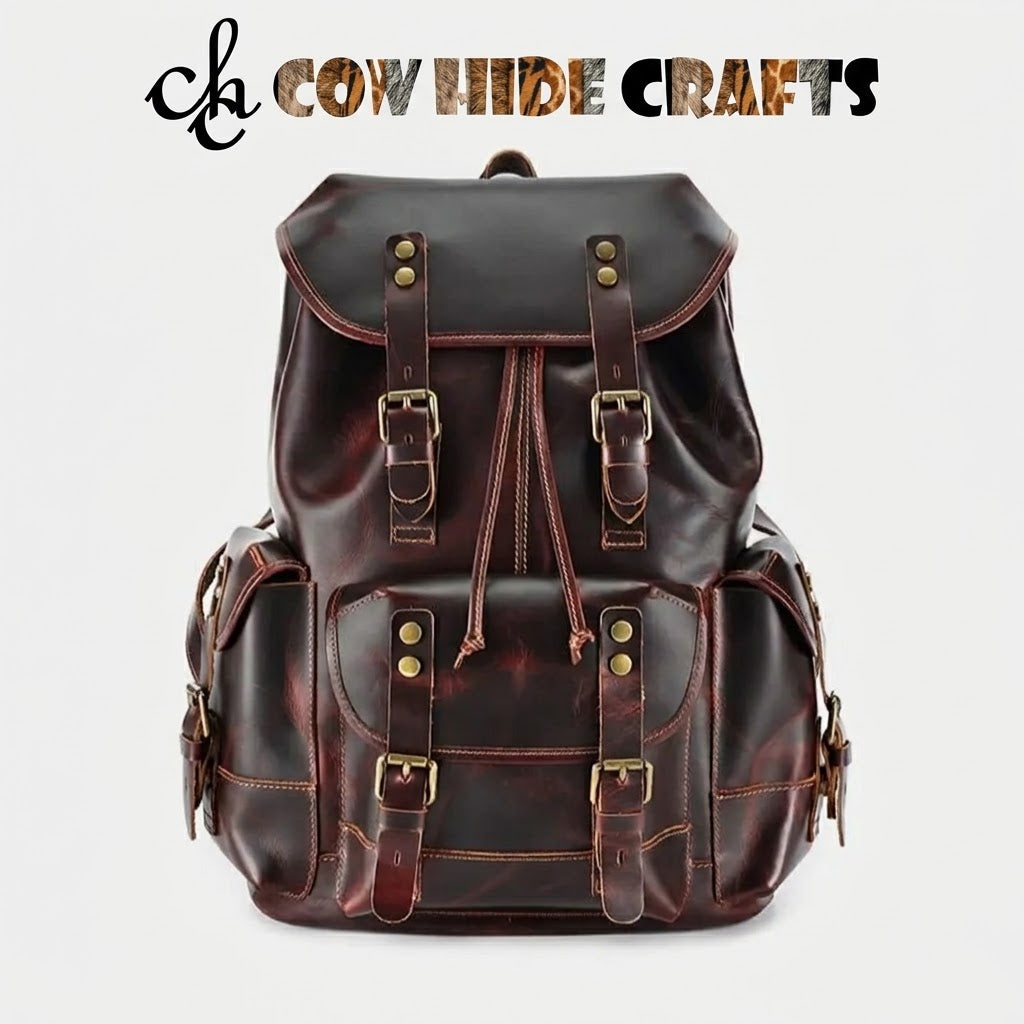 Large burgundy and dark brown genuine leather travel backpack