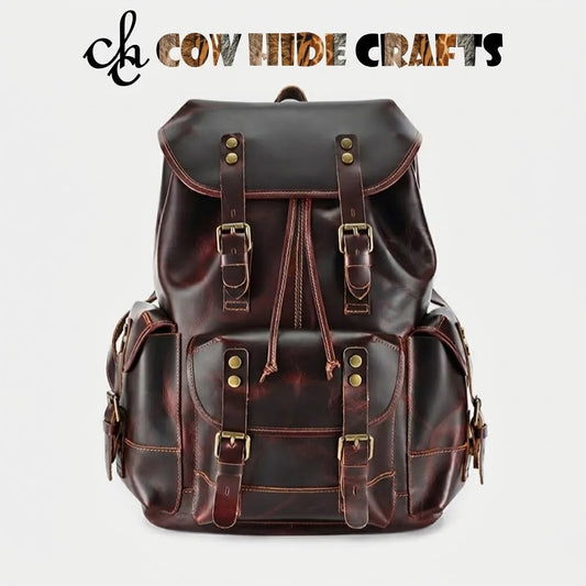 Large burgundy and dark brown genuine leather travel backpack