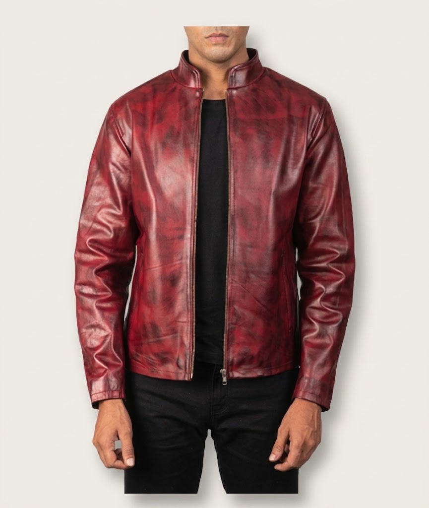 Burgundy distressed leather café racer jacket front view